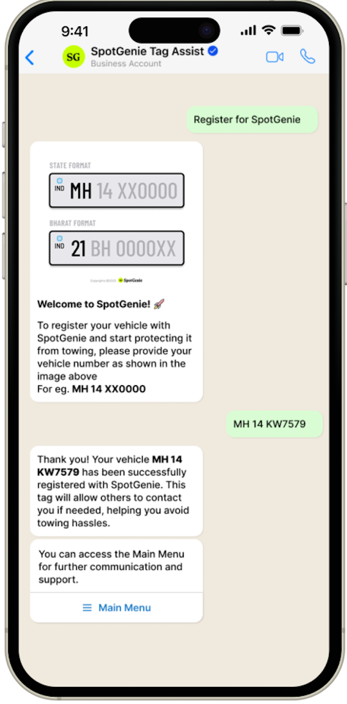 SpotGenie welcome message on WhatsApp