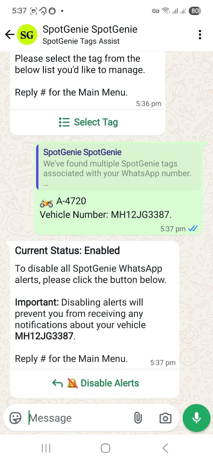 Current alert setting for selected tag
