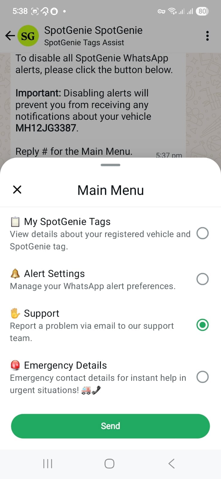 Selecting Support option from SpotGenie main menu