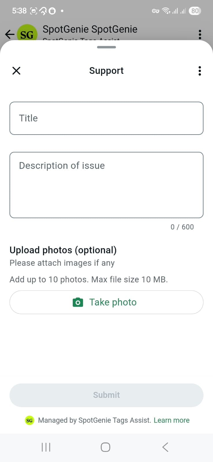 Reporting issue to SpotGenie with title, description, and file