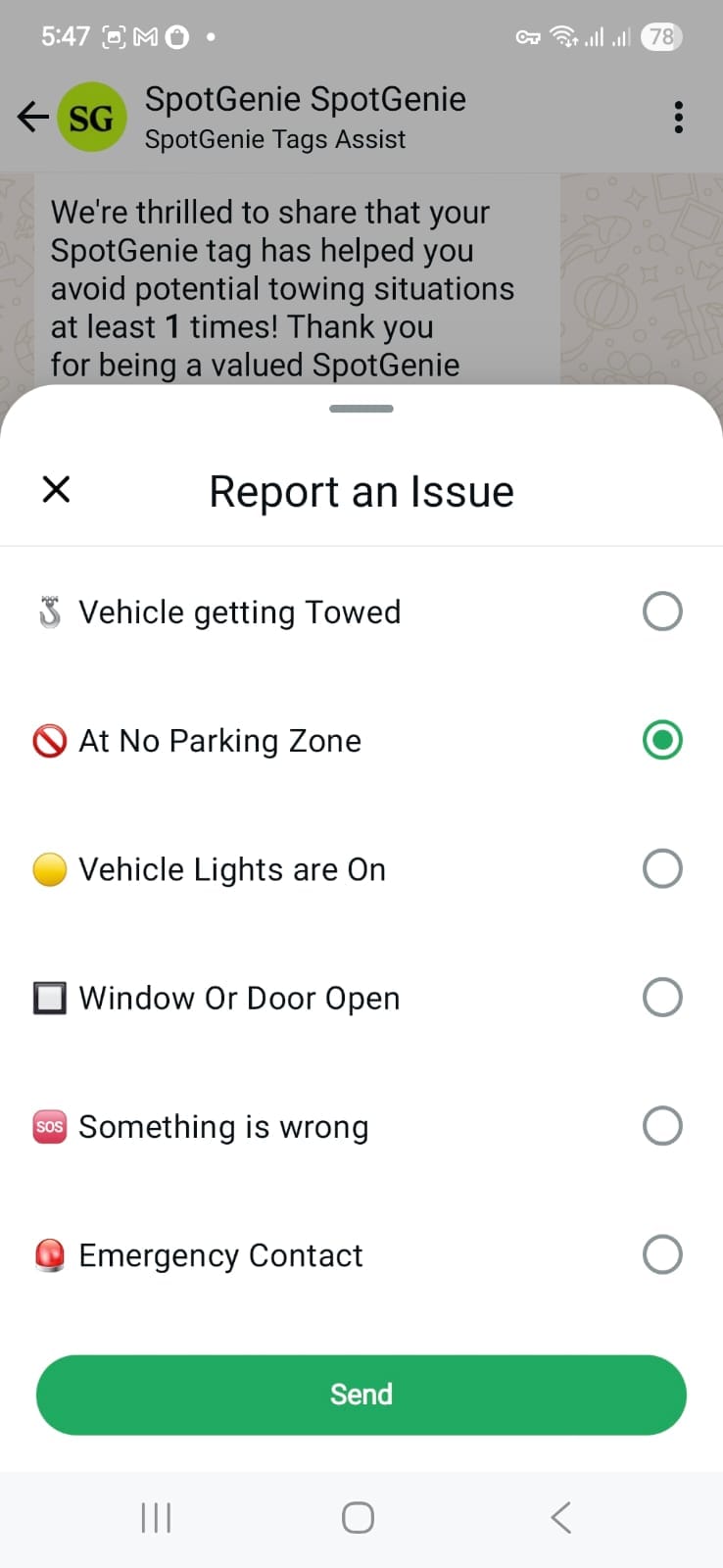 Issue reporting options in WhatsApp