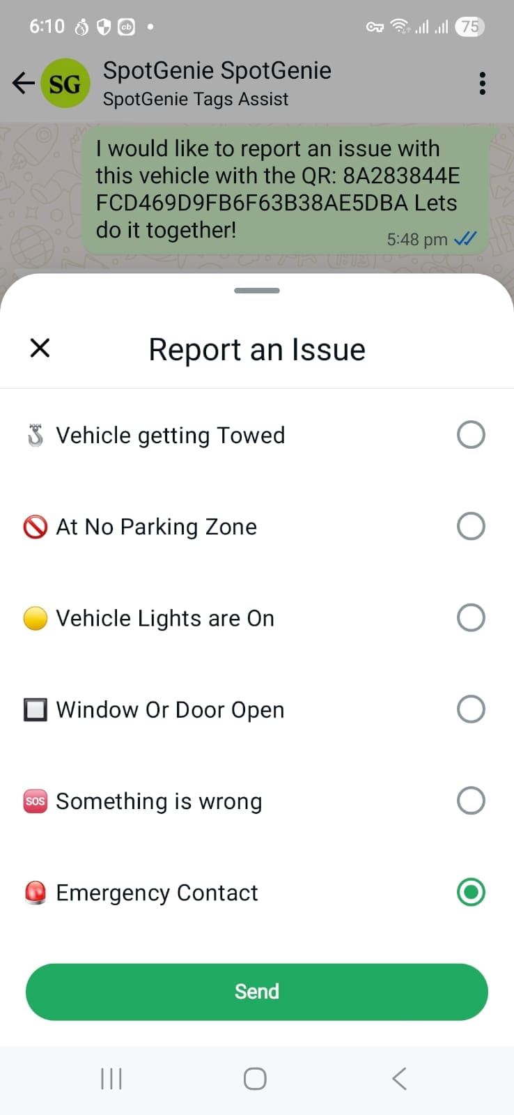 Reporting emergency via SpotGenie WhatsApp menu