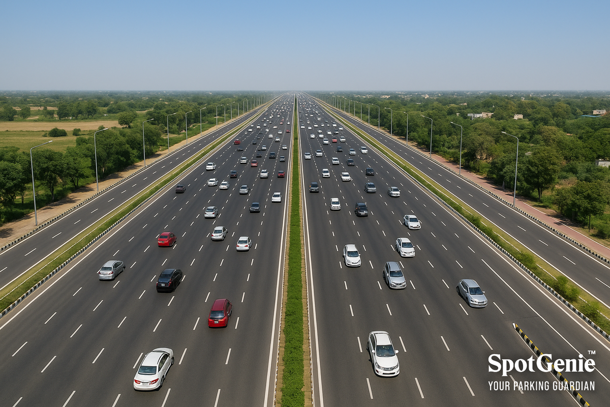 Aerial view of the Delhi–Meerut Expressway with 14 lanes including service roads and footpaths