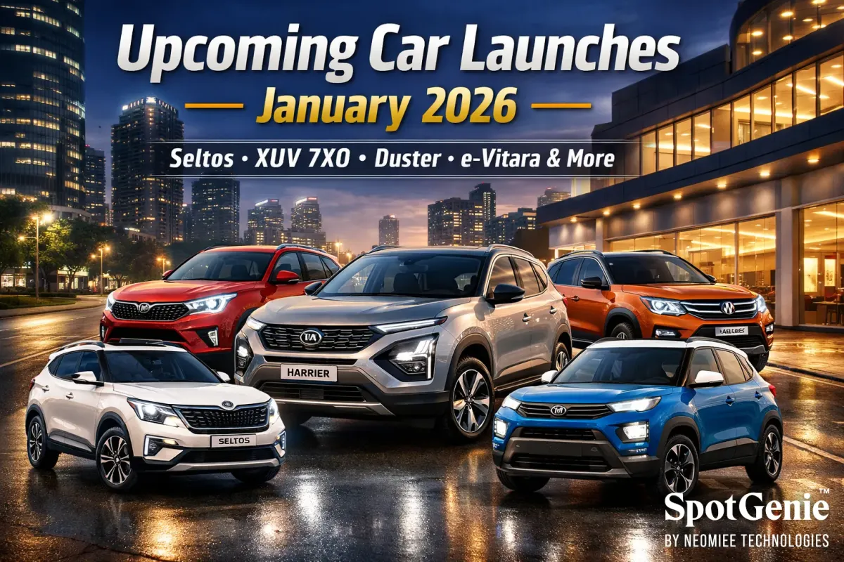 🚗 SpotGenie Gyaan: Upcoming Car Launches & Reveals in January 2026, India’s Power-Packed Start to the Year