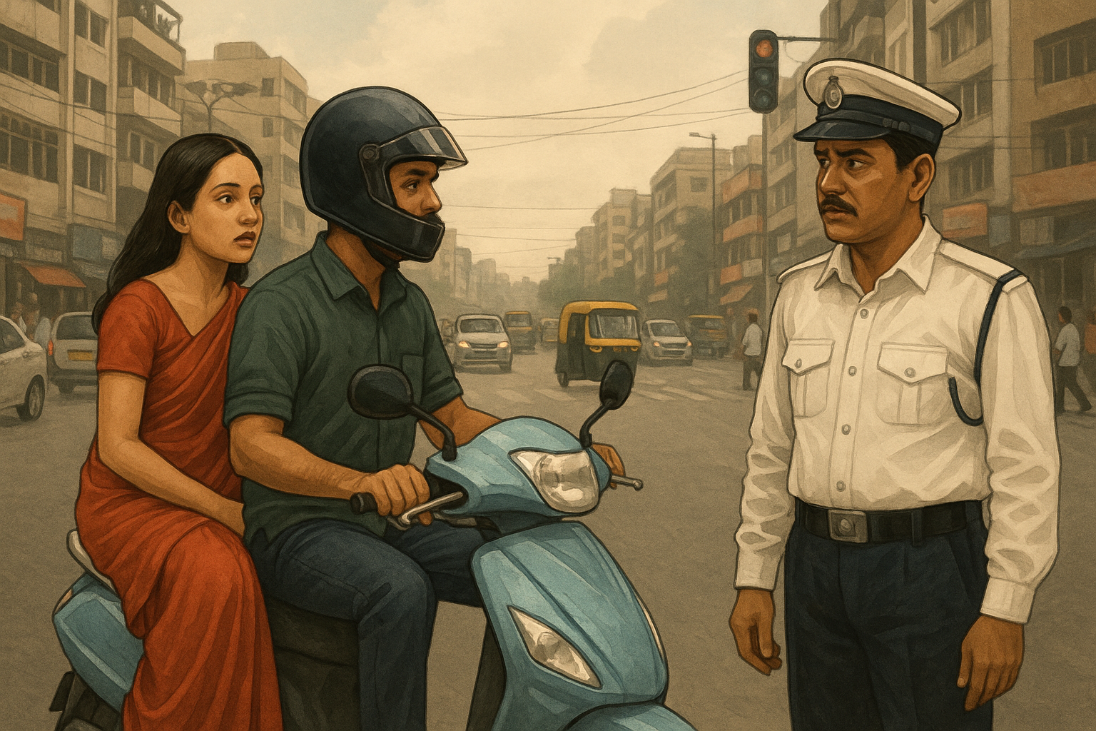 Helmeted scooter rider with pillion passenger not wearing a helmet