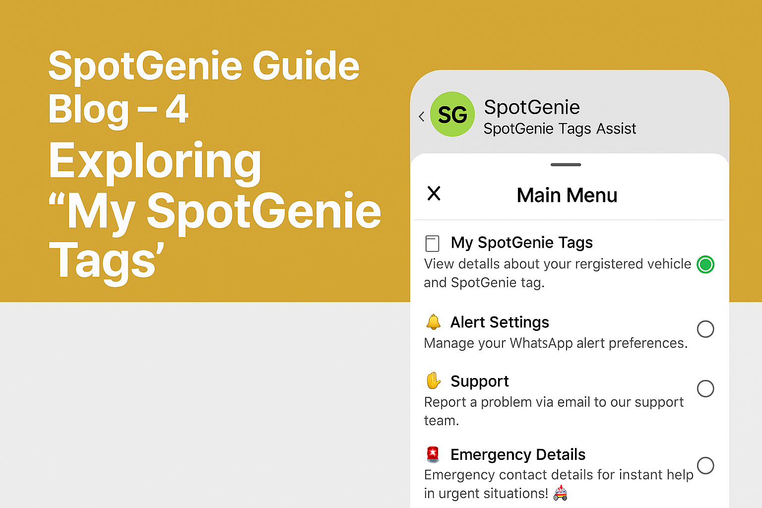 SpotGenie WhatsApp interface showing “My SpotGenie Tags” menu