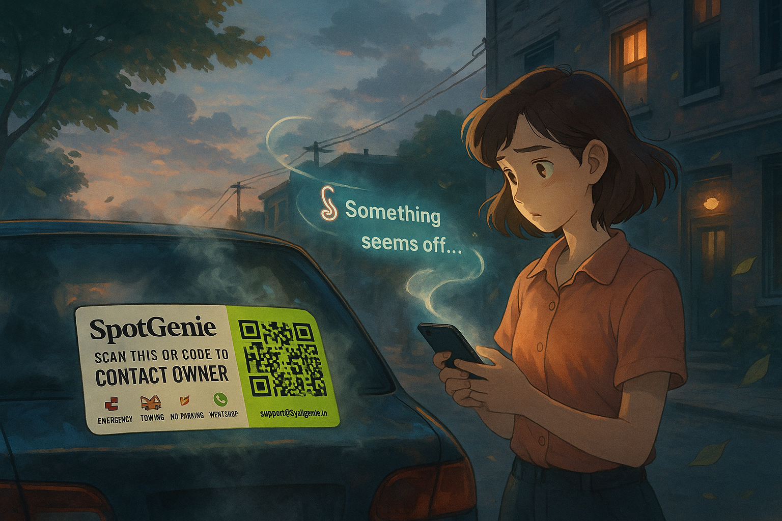Person scanning SpotGenie QR sticker to report vehicle concern