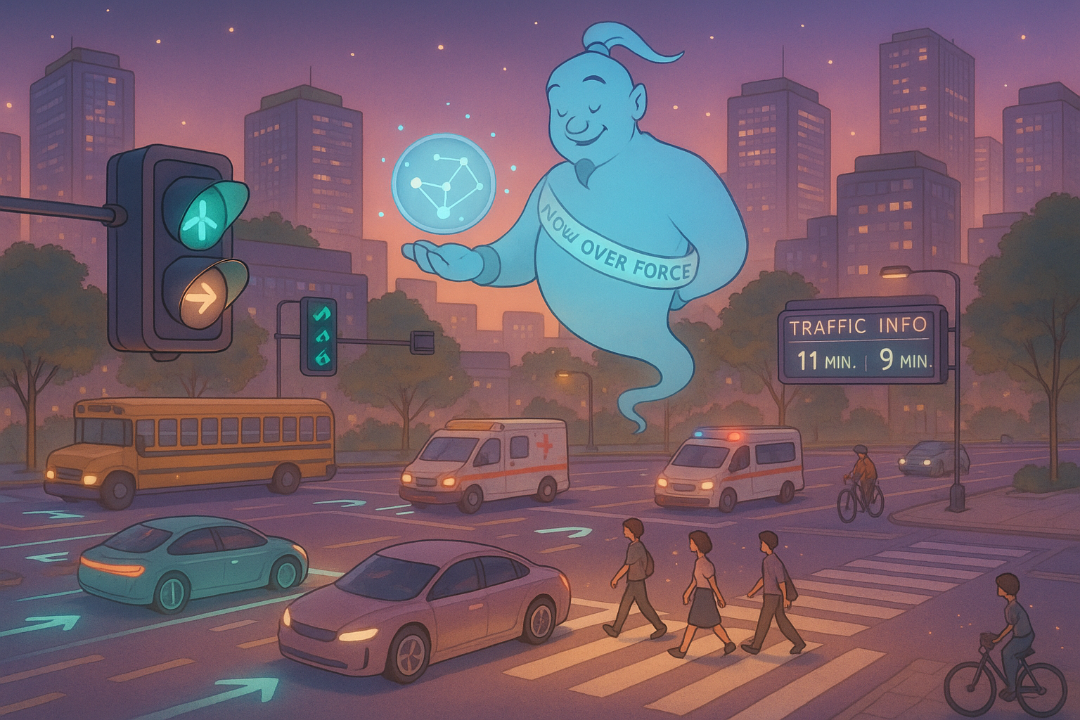 Illustration of connected vehicles and AI-powered traffic signals in an Indian metro