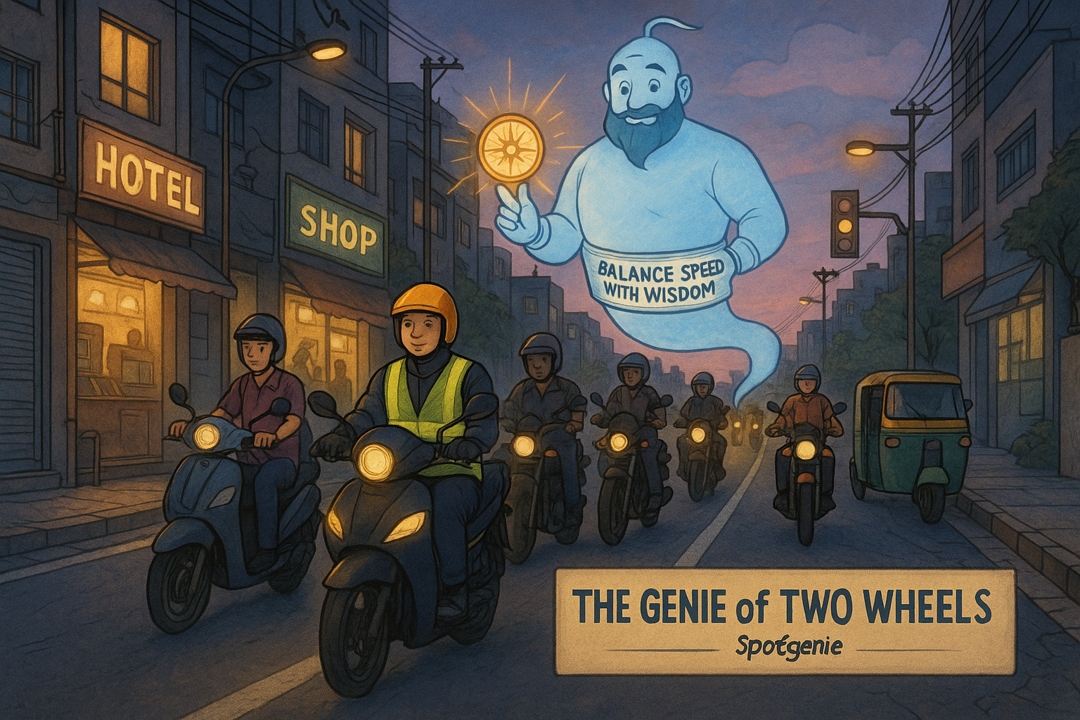 Two-wheeler rider navigating through dense urban traffic in India