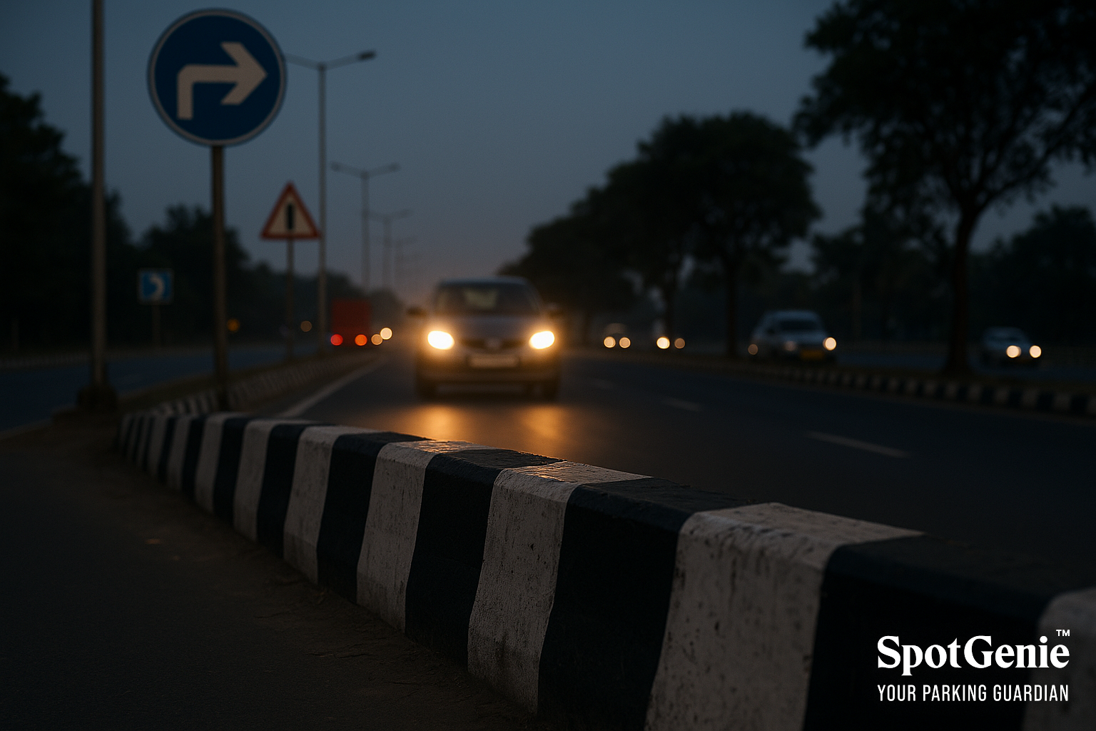 Black and white stripes painted along a road divider in India under headlight illumination