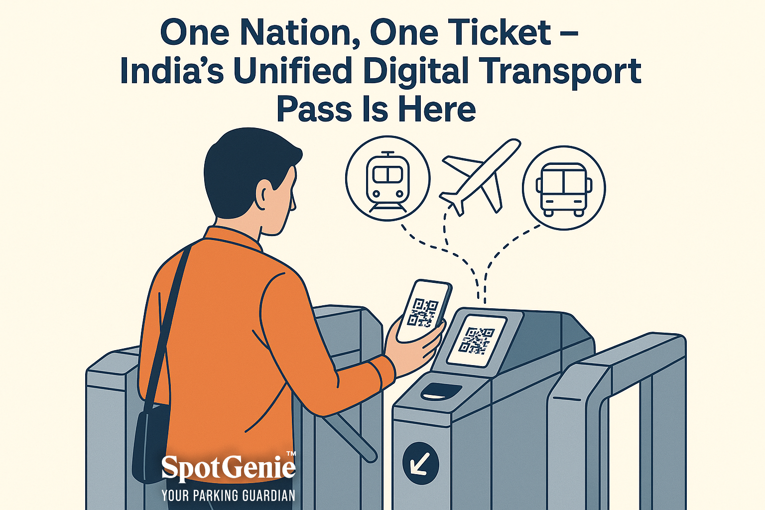 Illustration of India’s Unified Transport QR Ticket showing metro, plane, and bus icons