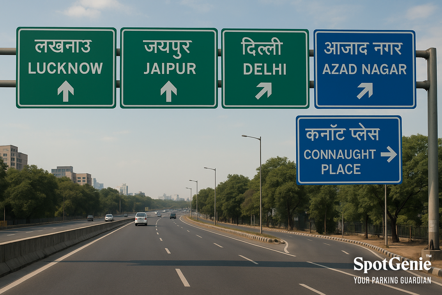 Green highway signboard on a national highway in India showing directions to major cities