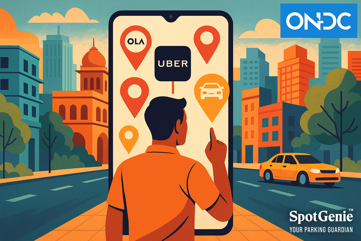 Illustration showing Uber ride booked through multiple ONDC apps