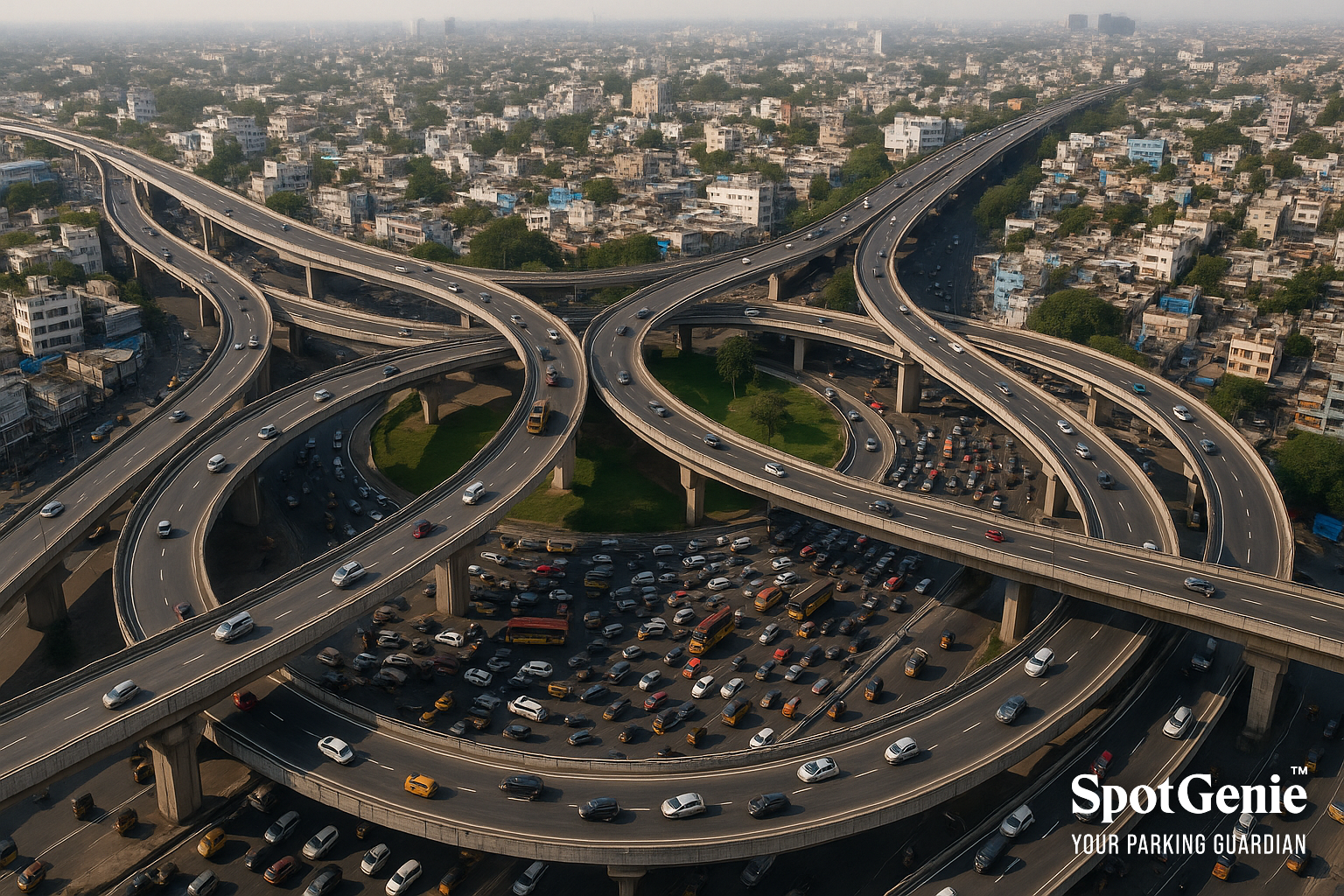 Aerial view of a multi-layered flyover junction in Chennai