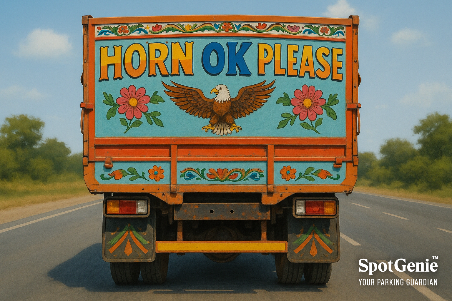 Decorated Indian truck with “Horn OK Please” painted on its rear in vibrant colors