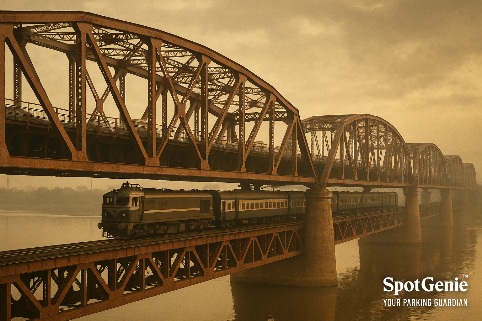 Loha Pul (Old Yamuna Bridge) spanning the Yamuna River in Delhi with a train passing below