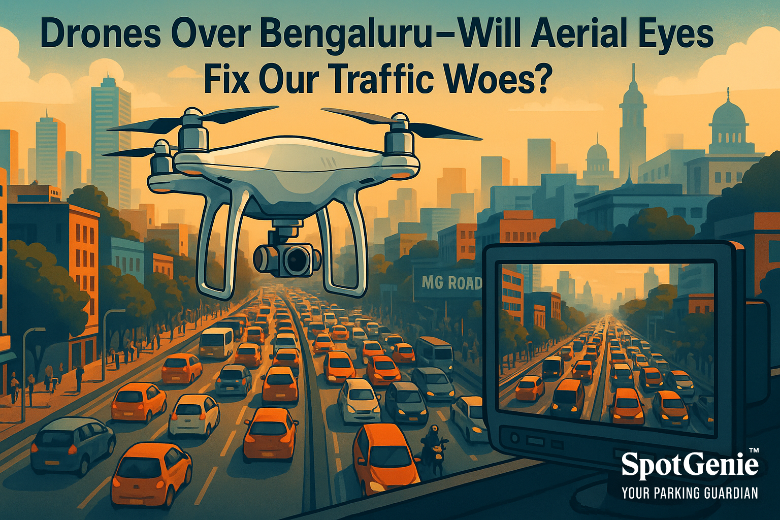 Surveillance drone flying over MG Road in Bengaluru monitoring traffic congestion