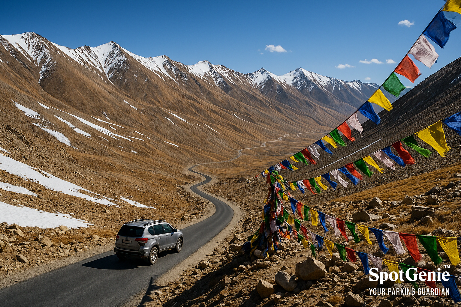 Vehicle driving through snow-covered Umling La Pass, the highest motorable road in India