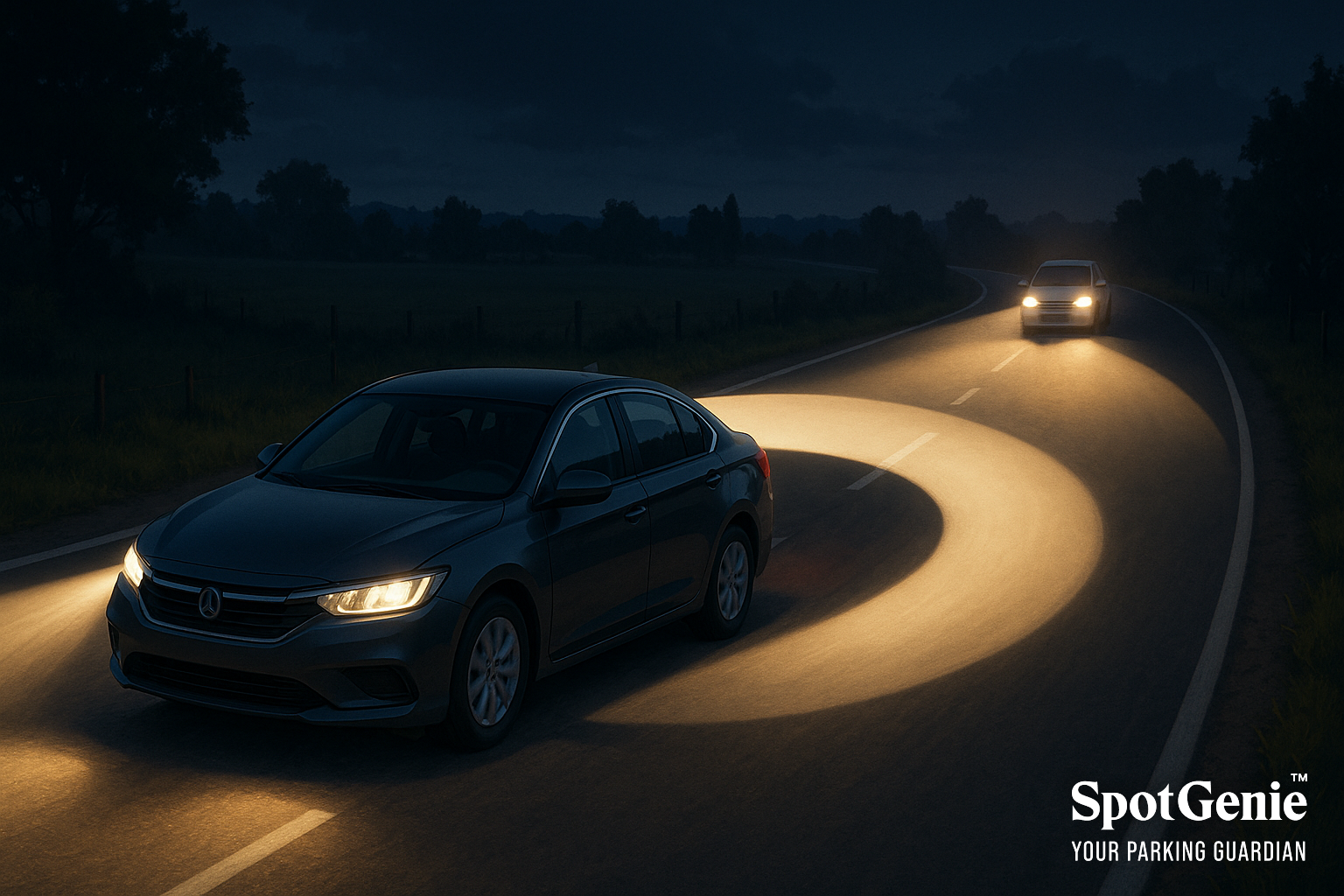  Car on a dark Indian highway with adaptive headlights adjusting beam automatically
