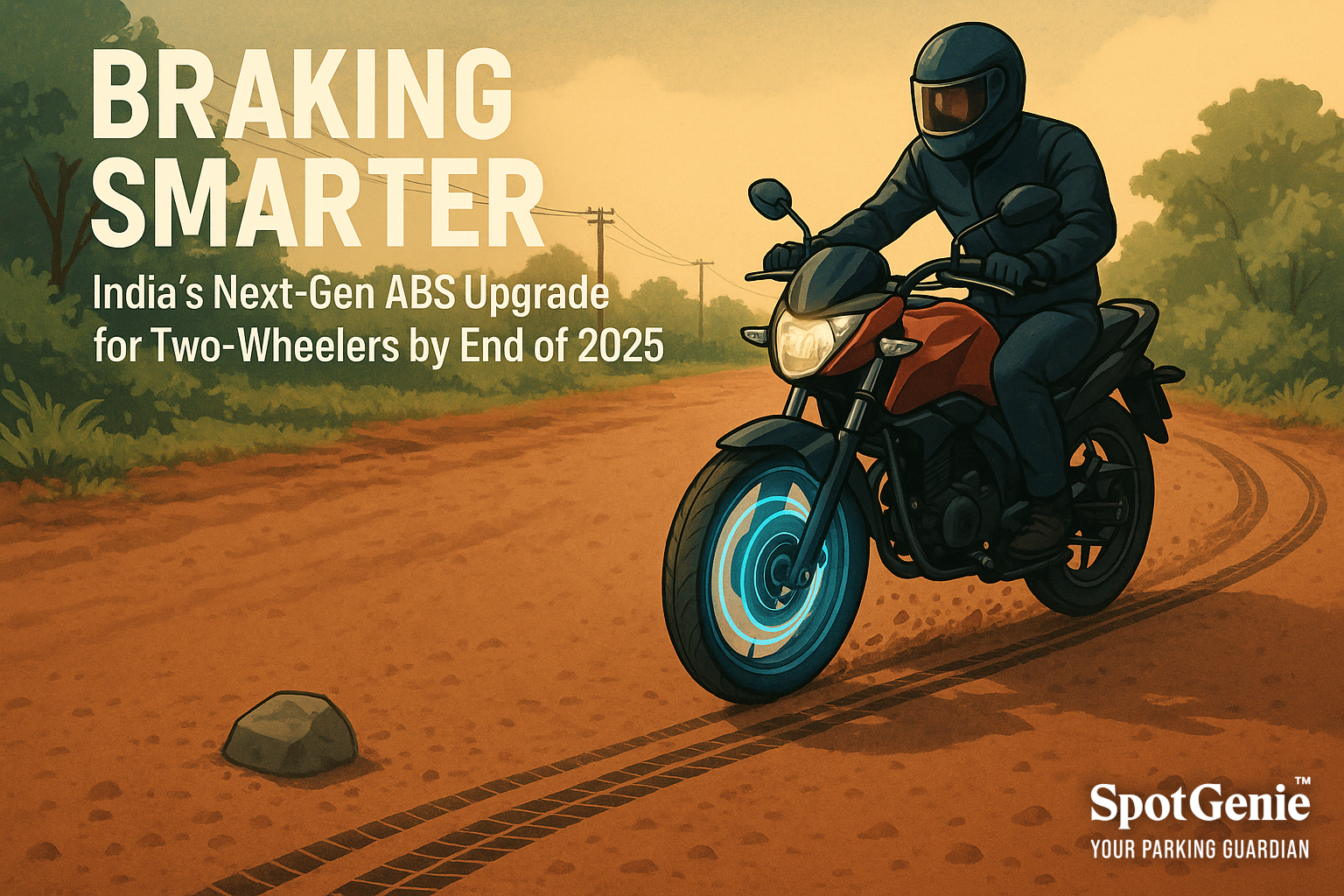 Two-wheeler braking on a rural Indian road with upgraded ABS system 