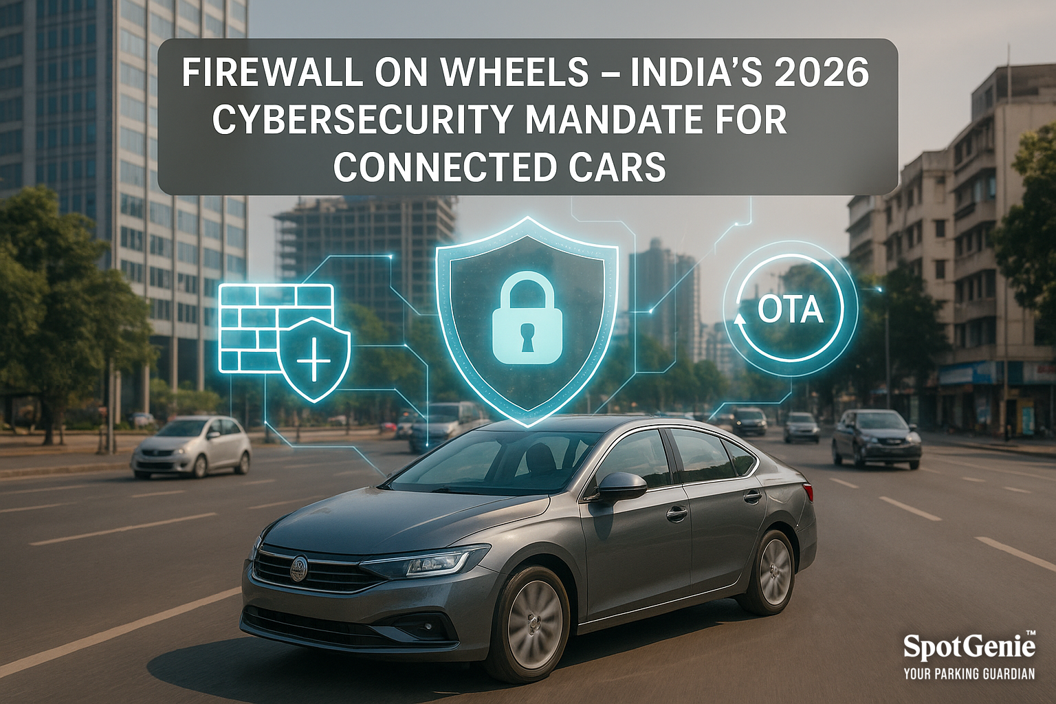 Illustration of a connected car protected by a digital firewall and cybersecurity shield - Cybersecurity