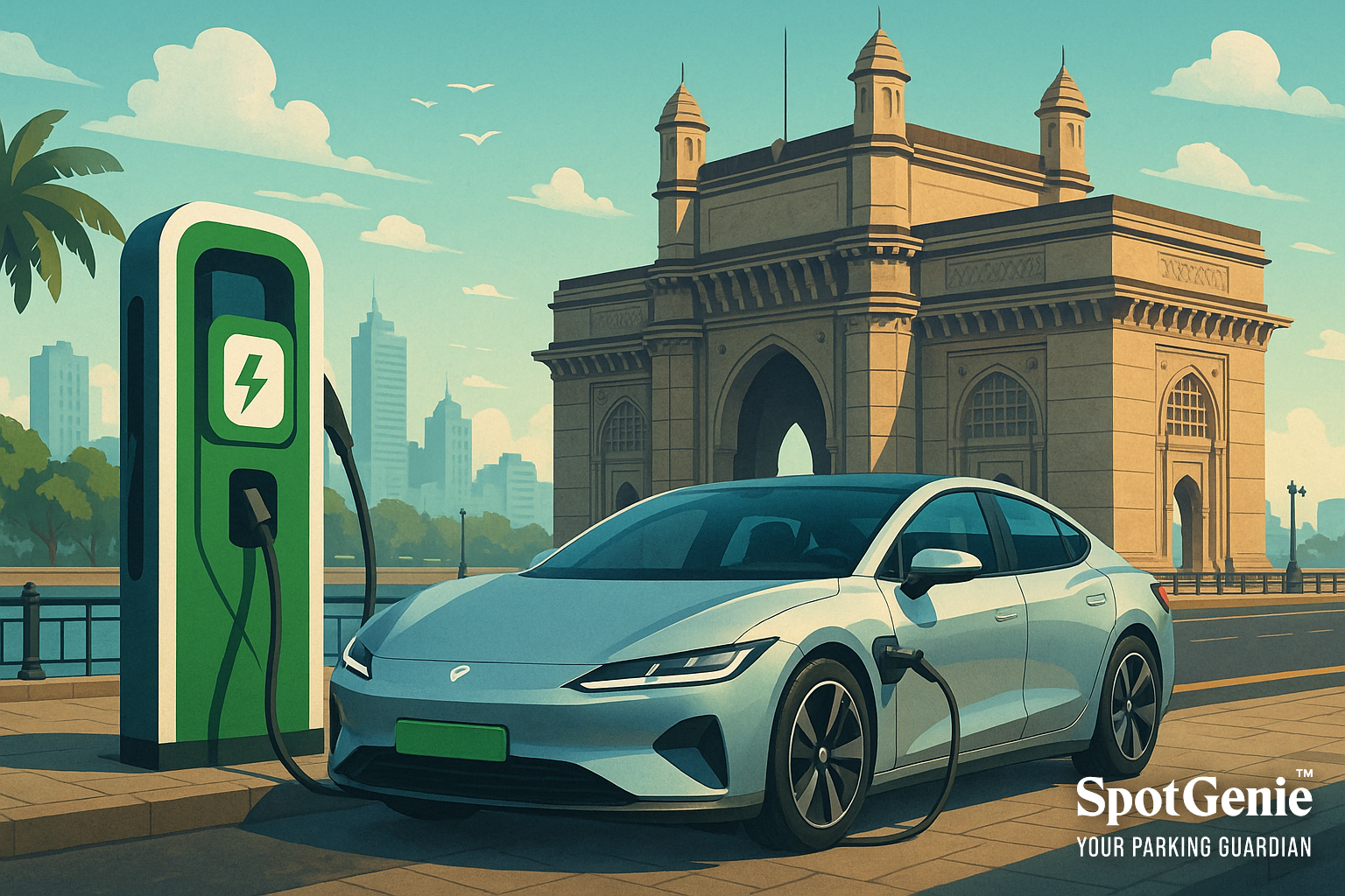 Electric car at charging station in Mumbai with green number plate
