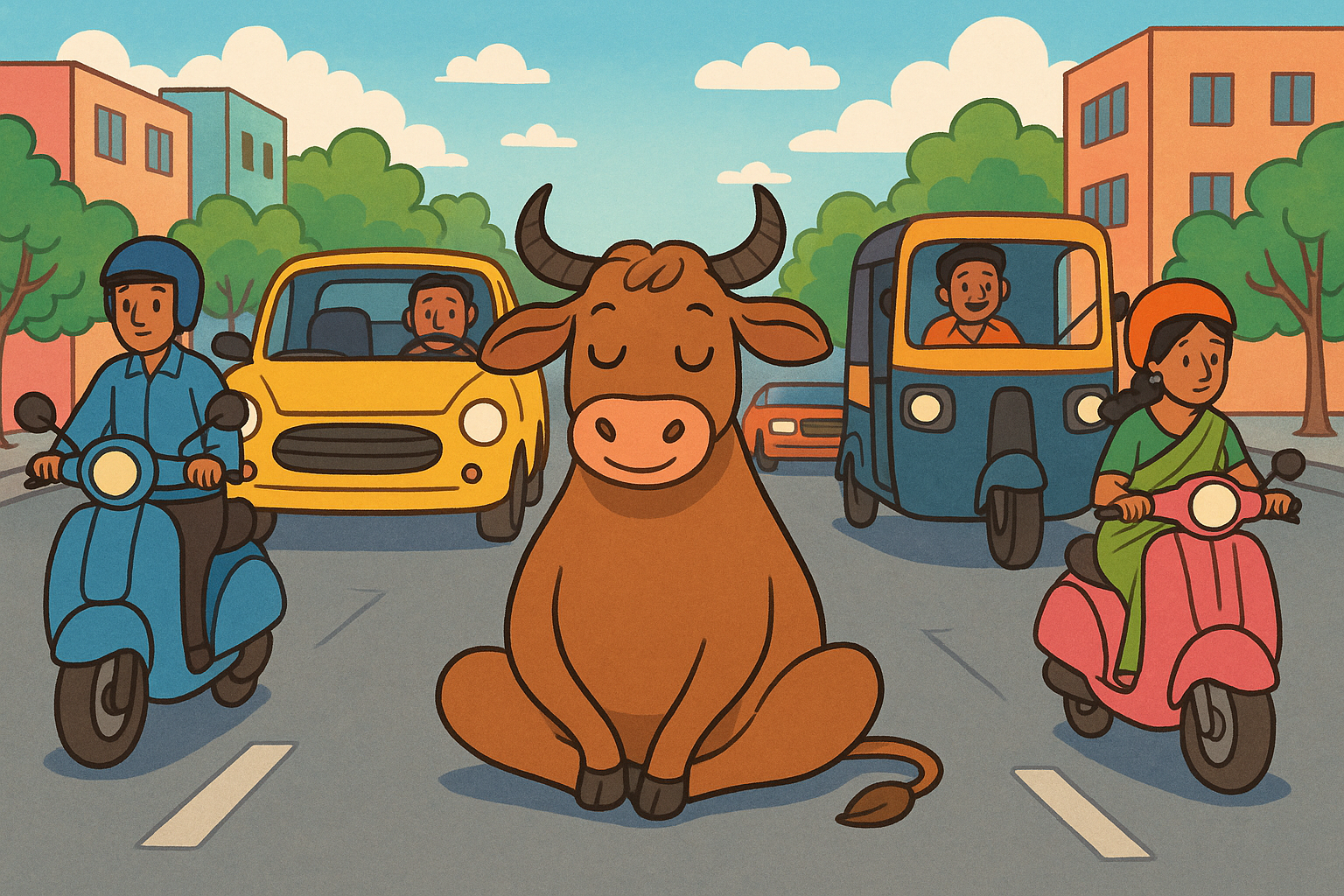 Cow sitting in traffic in India as vehicles wait patiently around it.