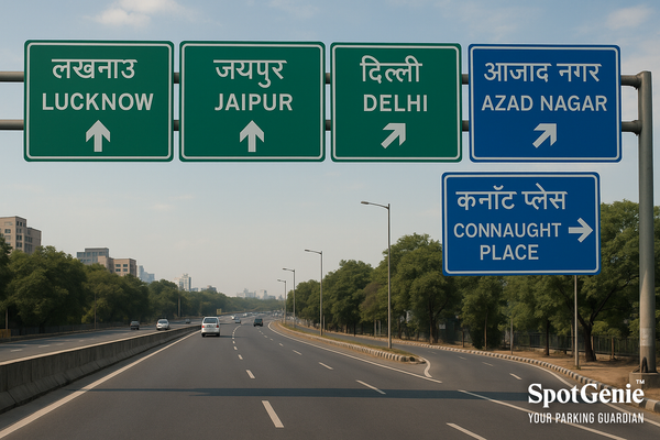 Green highway signboard on a national highway in India showing directions to major cities