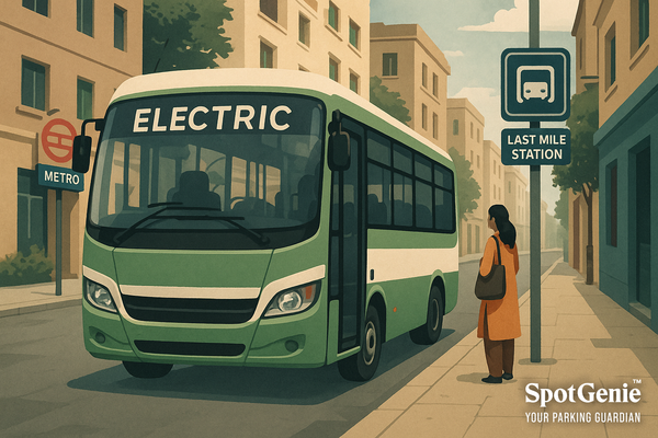 City Ride electric mini-bus navigating through a residential lane in Delhi