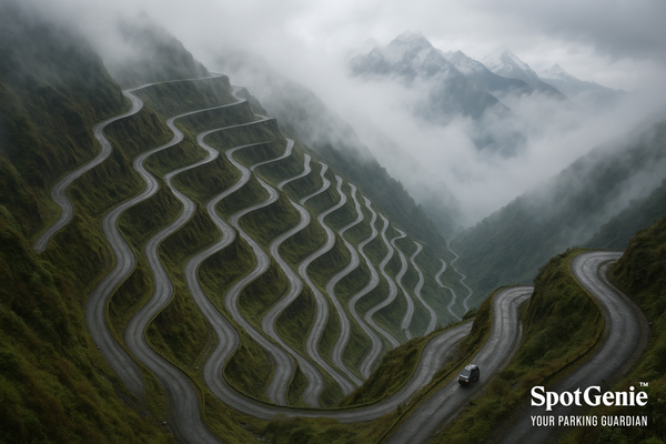 Zuluk Zigzag Road in East Sikkim with 32 hairpin bends seen from an aerial viewpoint