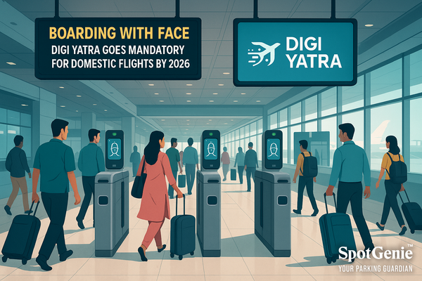 Passenger walking through Digi Yatra facial recognition gate at Indian airport