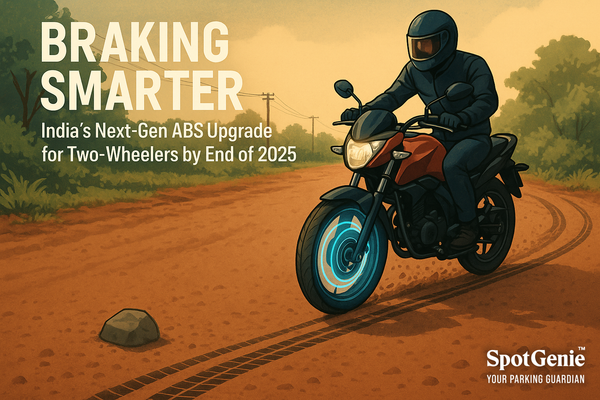 Two-wheeler braking on a rural Indian road with upgraded ABS system 