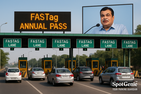 FASTag-enabled car passing through digital toll gate on Indian highway