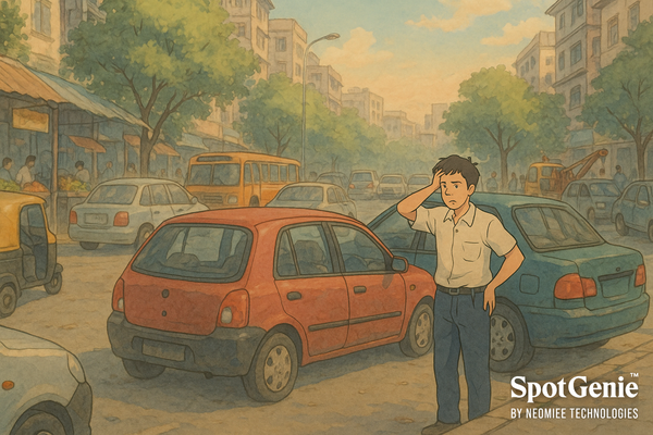 car parked in a tight spot in a bustling Indian city